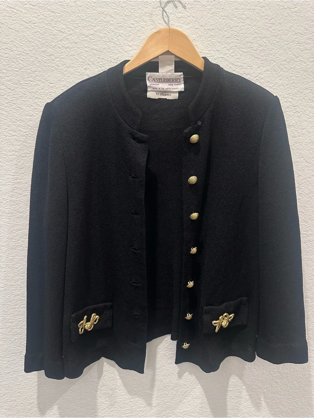 Vintage Castleberry Black Knit Military Jacket Gold Button Blazer Women’s 14 USA